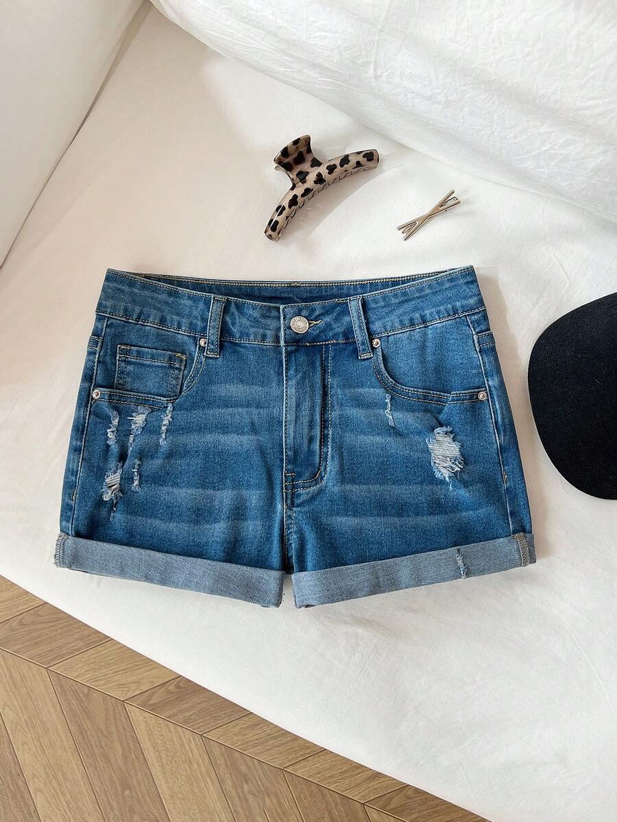 Elamini Low Waist Fashionable Distressed Rolled Hem Denim Shorts - Medium Wash - View 1