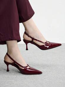 CUCCOO BIZCHIC Women's Pointed Toe Burgundy Patent Leather Backless Ankle Strap Minimalist All-Match Stylish Commute Daily Versatile Stiletto High Heels Valentine's Day - Burgundy - View 1