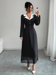 Modelyn 法式波点女式翻领连衣裙 - 黑色 - 查看 1