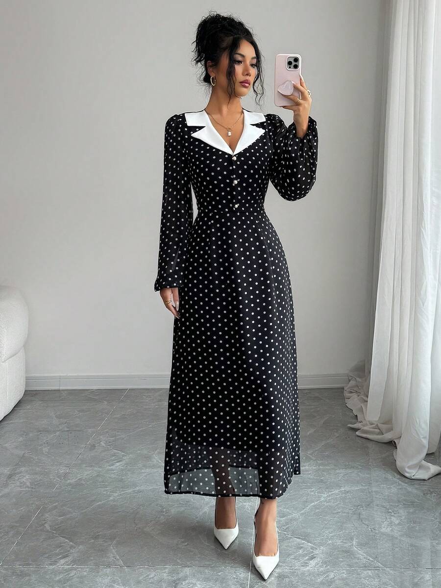 Modelyn 法式波点女式翻领连衣裙 - 黑色 - 查看 1