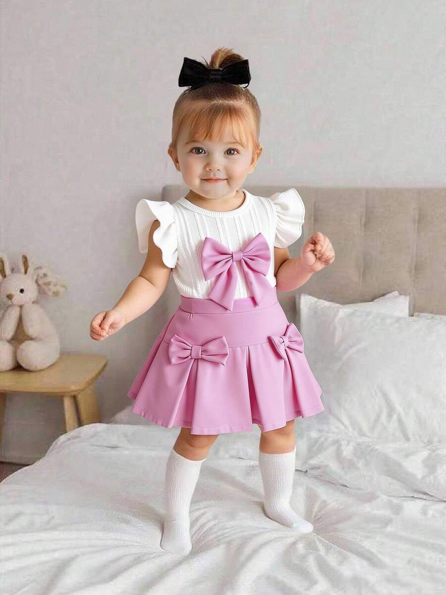 两件套女婴针织提花荷叶袖蝴蝶结饰边背心上衣和褶皱蝴蝶结半裙套装，时尚可爱休闲装 - 白色 - 查看 1