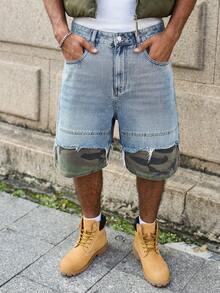 Manfinity EMRG 男士休闲迷彩拼接牛仔短裤，夏季 - 藍色 - 查看 5