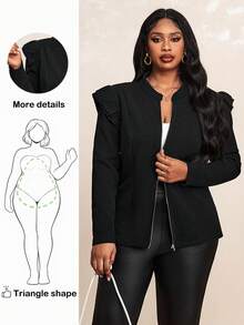 Truni 1pc Women's Plus Size Simple Shiny Print Front Open Jacket, Suitable For Autumn And Winter,Halloween&New Year& Charistmas Clothes Fall, For Pear & Triangle Body Shape - Black - View 1