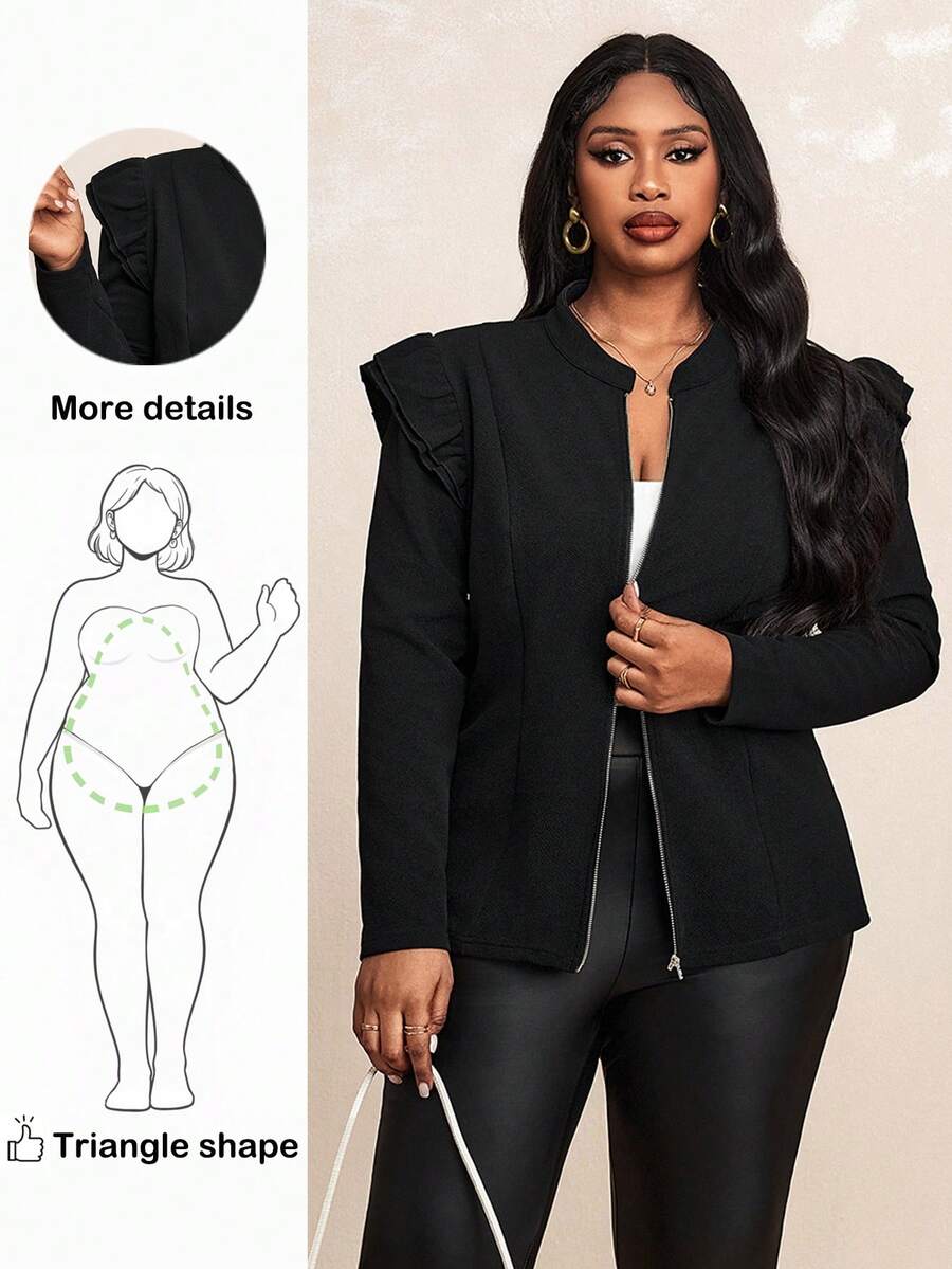 Truni 1pc Women's Plus Size Simple Shiny Print Front Open Jacket, Suitable For Autumn And Winter,Halloween&New Year& Charistmas Clothes Fall, For Pear & Triangle Body Shape - Black - View 1