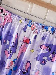 Conjunto de pijama morado nuevo con camiseta de manga larga de cuello redondo y pantalones holgados para niñas, con estampado lindo de conejo, efecto tie-dye en tela de punto de seda de leche, material suave y adorable - Morado - Ver 5
