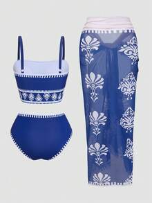 Swim Oasis 2026 New Arrival Elegant Blue & White Porcelain Print Plus Size Swimwear Set, Suitable For Summer - Multicolor - View 2