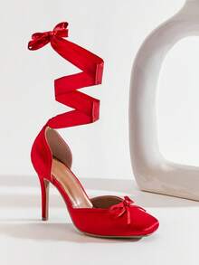 SHUZIA Women Satin Wrap-Around Ribbon D'Orsay Red Ballet Heels – Luxe, Modern & Statement-Making. Valentine's Day - Red - View 3
