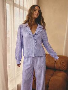 Aralina Bộ đồ ngủ 2 món kẻ sọc, cổ áo xếp ly, tay dài, tay phồng, cài cúc, gồm áo sơ mi và quần dài ống rộng, bộ đồ ngủ Giáng sinh dễ thương và ấm áp. - Màu Lilac Tím - Xem 6