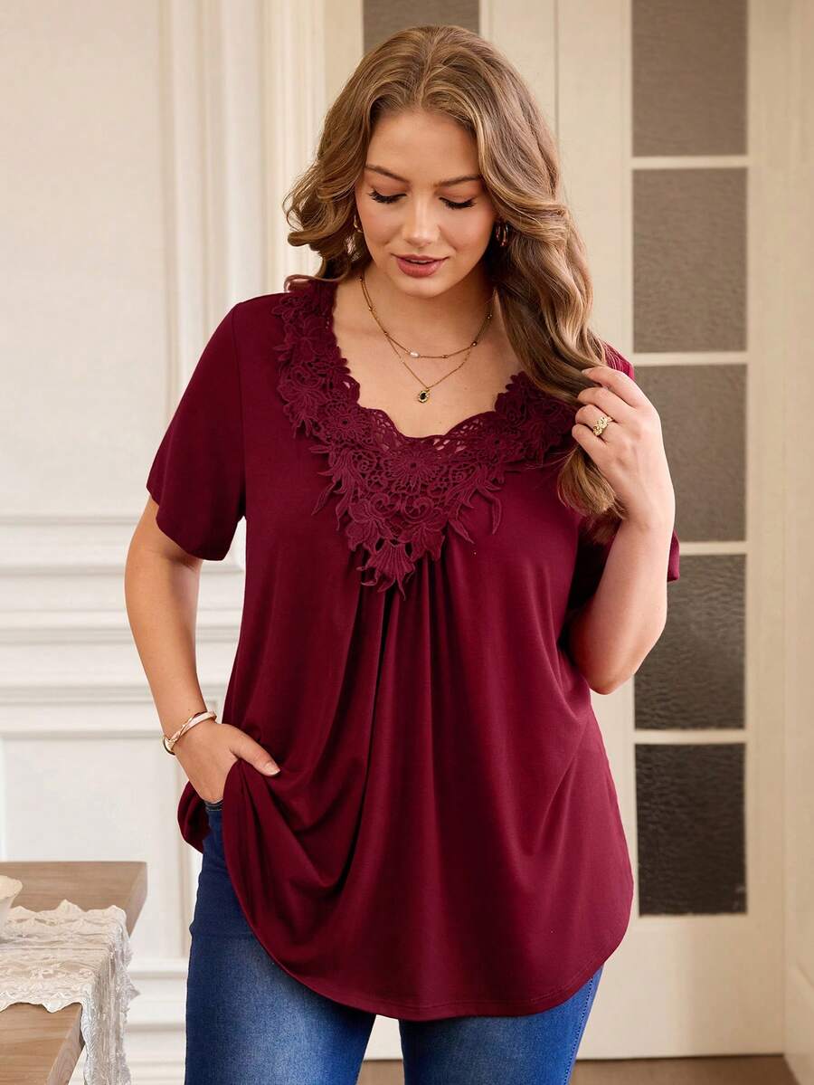 Rosumi Áo Angora tay ngắn viền ren đỏ cỡ lớn, phong cách boho thường ngày, thanh lịch, thích hợp mặc mùa hè, công sở, xuân cho nữ, họa tiết hoa, đi nghỉ mát. - Màu Đỏ Sâu - Xem 1