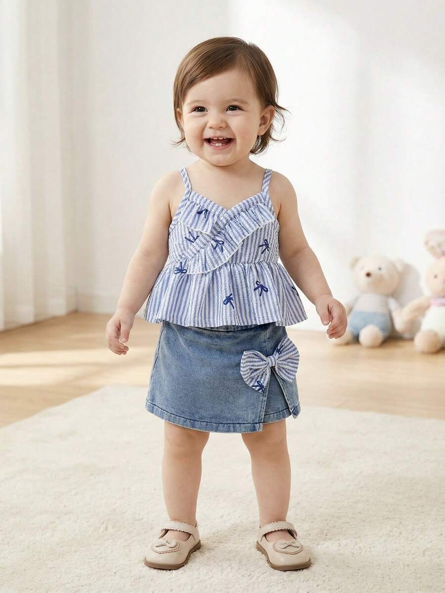 SHEIN 2件套女婴春夏休闲风套装，纯色无袖吊带上衣和蝴蝶结装饰短牛仔裤 - 藍色 - 查看 1