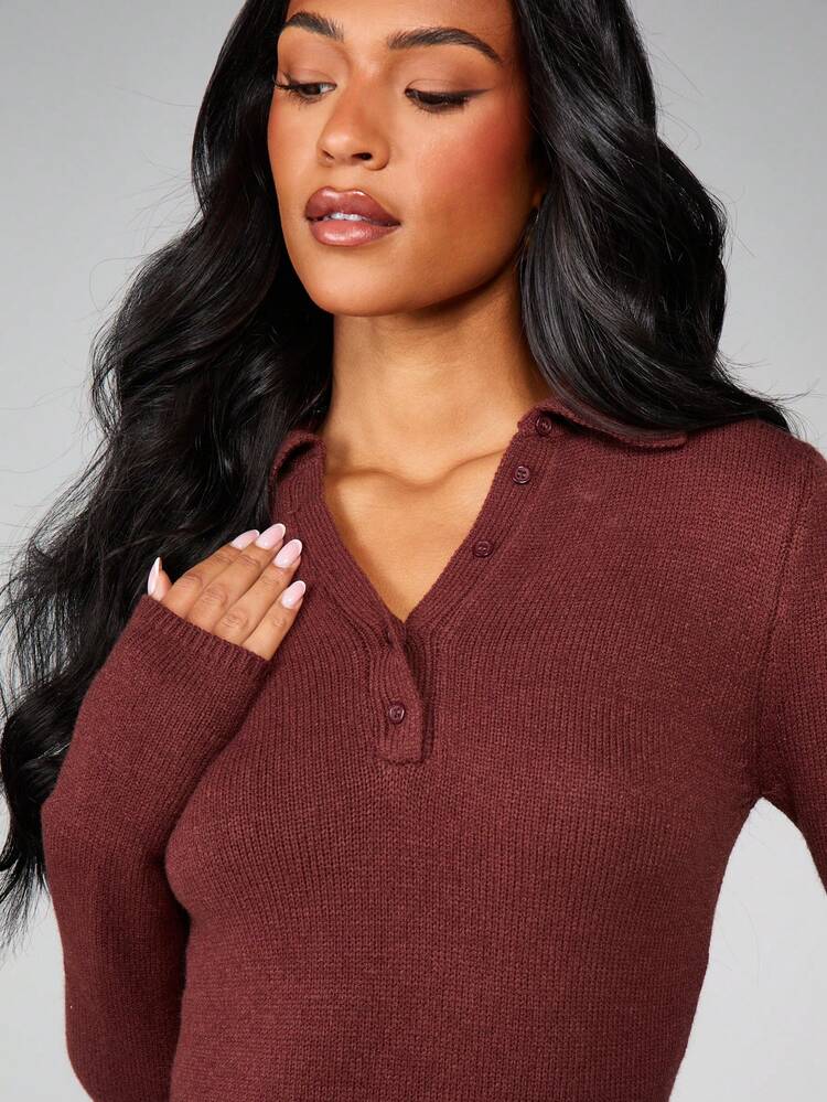 MISSGUIDED Burgundy Ribbed Knit Button Neck Long Sleeve Maxi Sweater Dress With Collared Neckline For Fall Winter Casual Day Wear