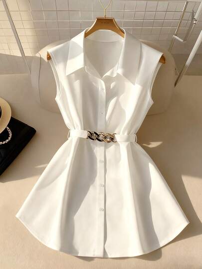 GlowEve Spring/Summer New Casual Chic Commuter High-End Elegant Minimalist Fitted Metal Waist Belt Tie Collar Button Curved Hem Sleeveless Women Blouse