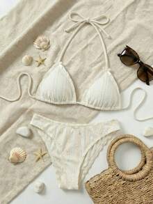 Swim Mod 女士纯色蝴蝶结领性感比基尼套装，适合海滩度假夏季