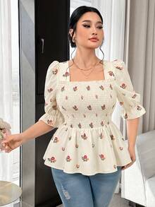 Feyla Áo sơ mi tay phồng họa tiết hoa nhí cỡ lớn, phong cách thường ngày, dành cho mùa hè. - Màu be - Xem 8