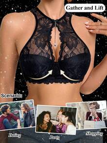 DesireSculpt 1pc Women's Underwear Black Lace Sexy Racerback Bra With Underwire - Black - View 6