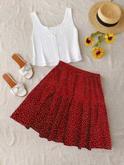 Franclia Plus Size 2pcs Set: Ribbed Knit Sleeveless Tank Top And Polka Dot Mini Skirt