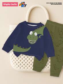 1 Set de Bebé Niño Casual Lindo Estampado de Dinosaurio de Dibujos Animados Conjunto de Sudadera Cuello Redondo y Pantalón de Chándal, Otoño/Invierno - Multicolor - Ver 4