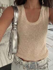 EMERY ROSE 女士时尚休闲香槟金V领亮片针织毛衣背心 - 香檳色 - 查看 4