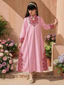 SHEIN Robe à encolure échancrée avec imprimé floral et ourlet fendu pour jeune fille - Rose bonbon - Voir 3