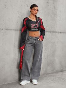 SHEIN Tall Fashionable Casual Washed Mid-Rise Wide Leg Jeans - Grey - View 6