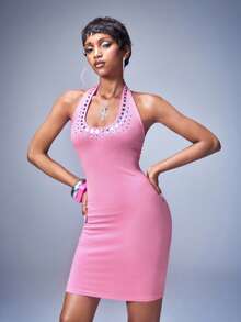 Y2Kool BiGraphic Women's Pink Sexy Hot Girl Valentine's Day Rhinestone-Embellished Sexy Backless Casual Mini Dress - Coral Pink - View 8