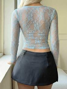 CovetEZ Women's Light Blue Lace Contrast Mesh Sexy T-Shirt, Spring/Summer Baby Blue Top Women Lace Long Sleeve Top Long Sleeve Mesh Top - Baby Blue - View 2