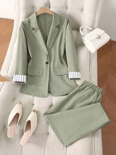 Franclia 女士浅绿色薄款西装套装，新款条纹袖口单排扣时尚百搭西装，搭配七分裤
