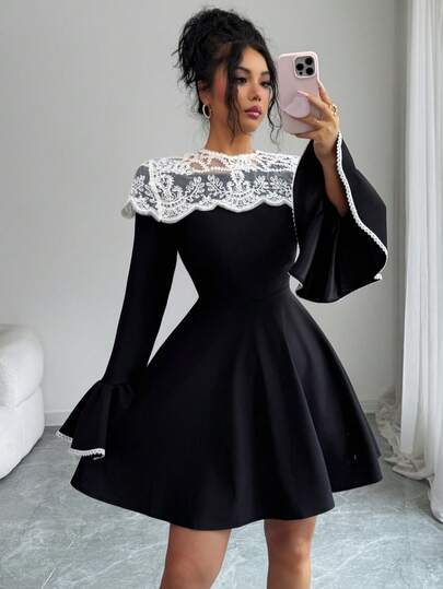 Modelyn Women's Elegant French Design Contrast Lace Ruffle Sleeve Waist Cinched Short Dress