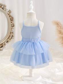 SHEIN 女婴夏季两件套，返校季适用，适合6个月至3岁宝宝，蓝色玫瑰网纱无袖上衣搭配松紧腰蝴蝶结半身裙，柔软可爱，适合春夏休闲穿着，也是一份贴心的礼物。 - 藍色 - 查看 8