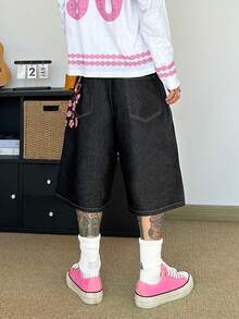 STEELVANCE Casual Streetwear Stylish Versatile Cherry Blossom Tree Embroidery Denim Straight Leg Bermuda Shorts Y2k Spring To Summer - Black - View 6