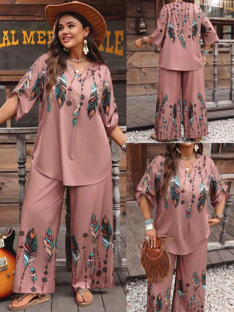 Plus Size Summer Vacation Feather Print Top And Pants 2 Pieces Set Vacation Outfits Women Holiday Outfits For Women Beach Vacation Outfits For Women Blouse And Pants Set Women 2 Piece Sets Boho Two Piece Set Bohemian