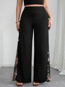 SHEIN Tall CURVE 大码女式优雅高腰亮片网纱拼接阔腿宽松裤，适合派对穿着 - 黑色 - 查看 5