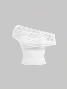 SHEIN MOD Petite 适合身高150-160厘米，娇小身材完美之选，专为娇小女性设计，女士简约纯色褶皱修身上衣，春夏皆宜，适合嘉年华、派对、沙滩、外出、度假、休闲、Y2K风格、白色上衣、优雅上衣 - 白色 - 查看 5