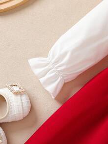 Elladie kids 少女珍珠点缀领口红白中长连衣裙，甜美优雅风格，适合派对、日常穿着、春秋季及圣诞节等场合。 - 紅色 - 查看 6