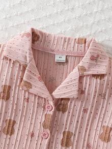 Young Girls Toddler Loungewear Set - Pink Cute Bear Elements Textured Waffle Knit Fabric Cardigan Long Sleeve And Long Pants Set Combination - Spring To Summer Home Vacation Valentine's Day Essential Kids Night Wear Pajama Set For Girls Girls Lounge Sets - Pink - View 7