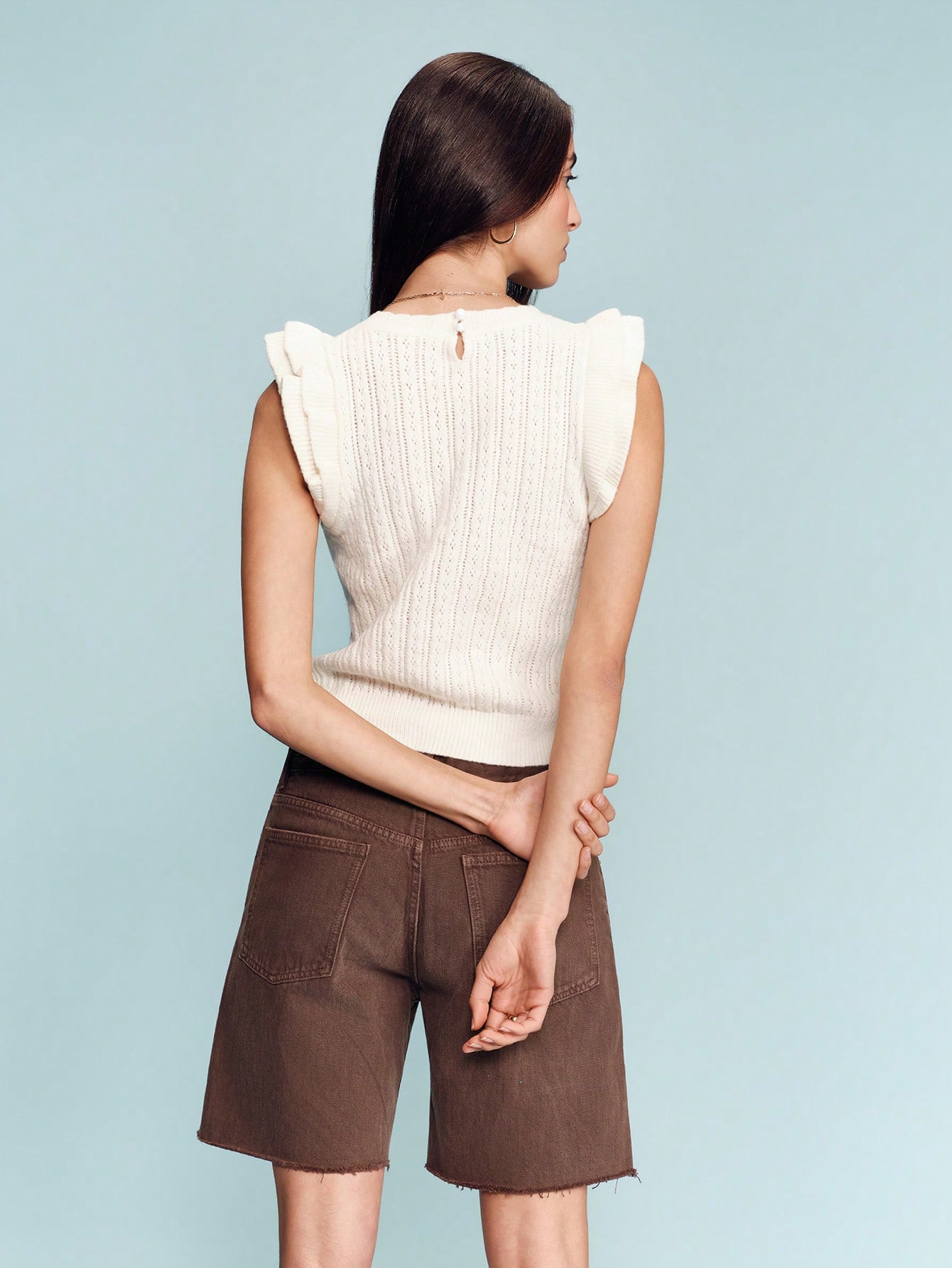 Blusa de punto con volantes en los hombros, estilo vintage francés, estilo primaveral, estilo parisino