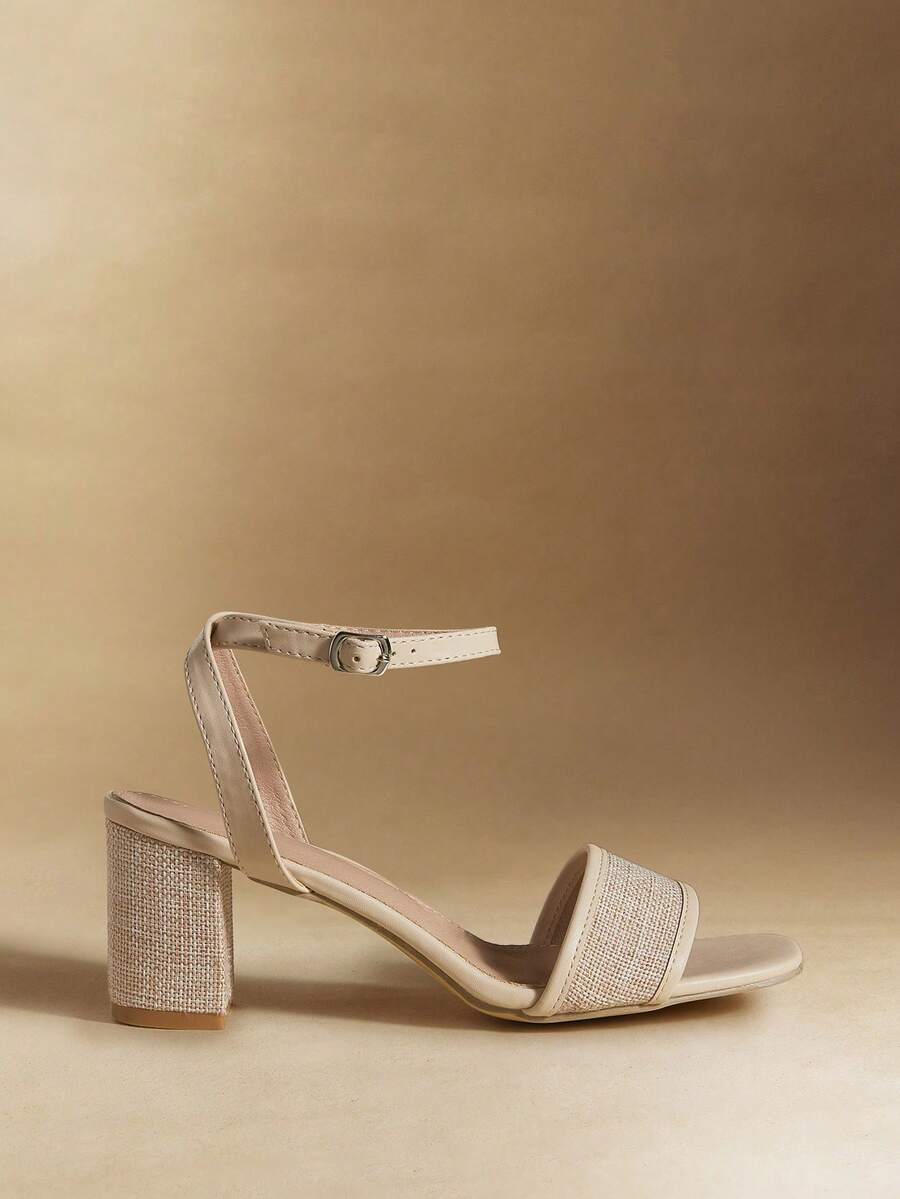 Rosivie Women's Casual Comfortable Chunky Mid-Heel Square Toe Sandals, Woven Fabric & PU Leather Dual-Tone Strap Design, Suitable For Daily Wear, Parties, Boho, Western, Music Festivals Valentine's Day - Beige - View 1