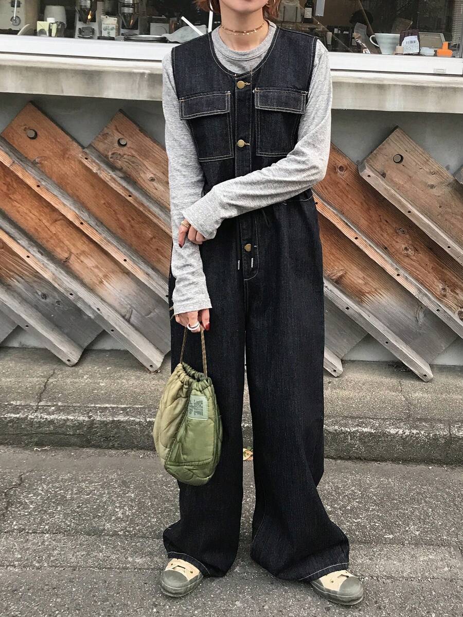 FRIFUL Women's Single-Breasted Cargo Pocket Casual Wide Leg Denim Jumpsuit - Blue - View 1