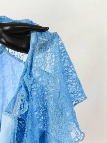 Amplova 女士褶皱前片修身性感网纱拼接短袖露背休闲度假短款背心 - 藍色 - 查看 11