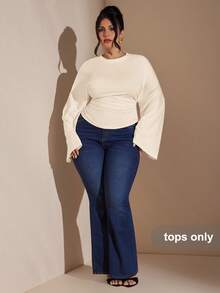 SHEIN BAE Plus Size Elegant Minimalist Solid Color Ruched Waist T-Shirt, Suitable For Commuting, Autumn - Apricot - View 5
