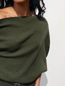 Maija Women's Solid Color Batwing Sleeve Loose Casual Knit Top, Summer Outfits, Summer Clothes , Summer Modern City Outfits, Summer Tops, Valentine Outfits For Women , Carnival Costume, Beach Outfits For Women, Birthday, Going Out Top, Going Out Tops, Elegant Women's Blouses, Modern City, Vacation Outfits For Women, Grey Top, Asymmetrical Design, With Belt - Army Green - View 6