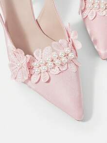 CUCCOO HITCHD 女士尖头细高跟鞋 粉色仿珍珠蕾丝花朵露跟高跟鞋 女士婚宴派对高跟鞋 女士露跟鞋 婚鞋 - 粉色 - 查看 5