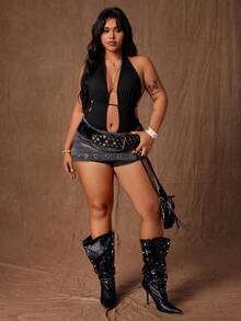 Rustia 大码女式露背吊带深V连体衣，春夏性感连体衣