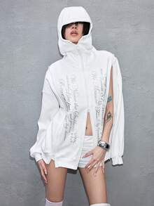 ROMWE Avant Y3K Avant-Garde Sweatshirt With Silver Numeric & English Graphic Print, For Women - White - View 8