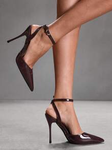 CUCCOO SZL Women's Fashion Pointed Toe Ankle Strap Stiletto High Heel Pumps, Suitable For Commuting, Dating, Party, Wedding And Other Occasions Valentine's Day - Mirror dark burgundy - View 3