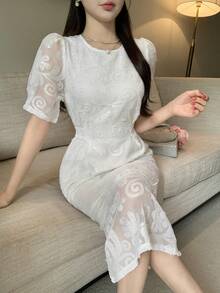 DAZY High-End Embroidered Lace Midi Dress, Women's Round Neck Split Hem French Elegant Party Gown - White - View 3