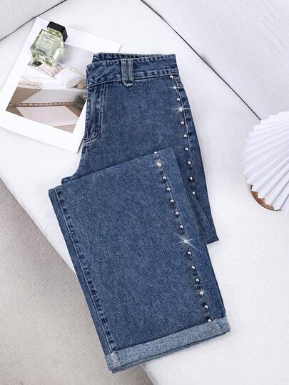 SHEIN Jeans rectos de cintura baja con decoración de remaches y dobladillo acampanado, estilo casual de moda para mujer