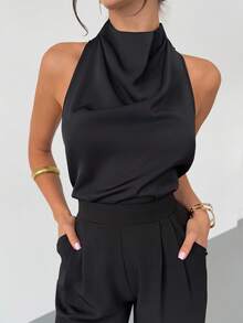SHEIN PETITE CURVE 大码优雅纯色露背吊带露背系带上衣，夏季，露背吊带衫，露背上衣，黑色吊带背心，女士夏季装，情人节女士装，狂欢节女士服装，派对，婚礼及活动，优雅女士衬衫，黑色衬衫 - 黑色 - 查看 9