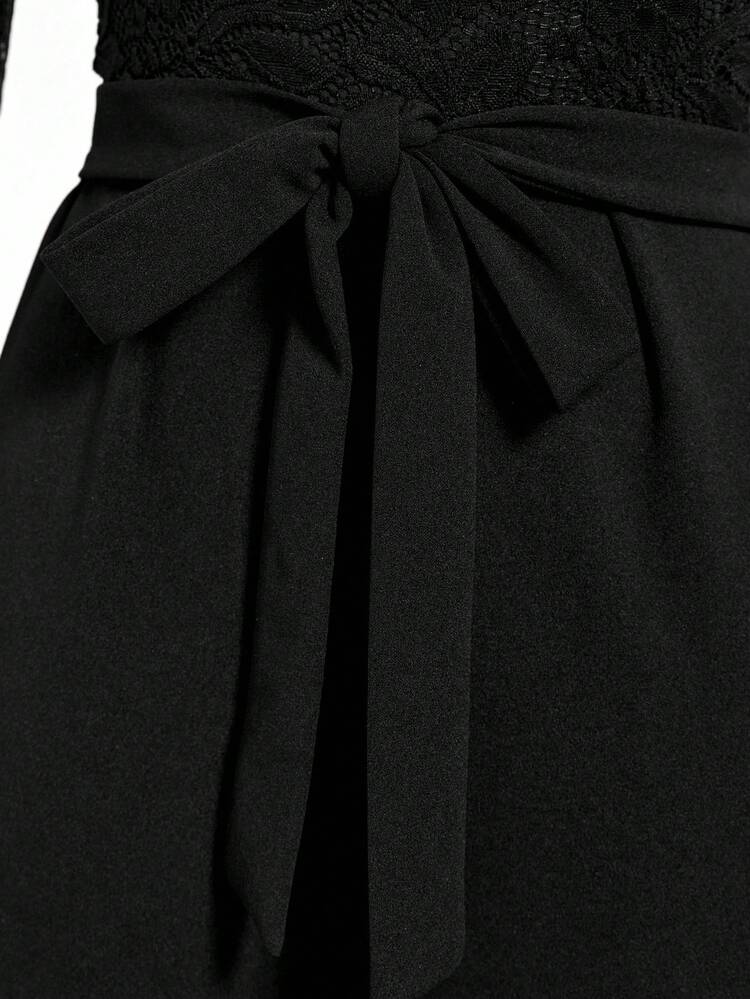 SHEIN Clasi 大码女式撞色蕾丝露肩长袖优雅阔腿连体裤 - 黑色 - 查看 6