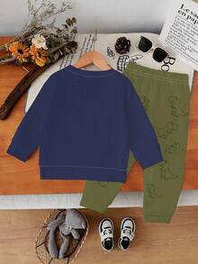 1 Set de Bebé Niño Casual Lindo Estampado de Dinosaurio de Dibujos Animados Conjunto de Sudadera Cuello Redondo y Pantalón de Chándal, Otoño/Invierno - Multicolor - Ver 2